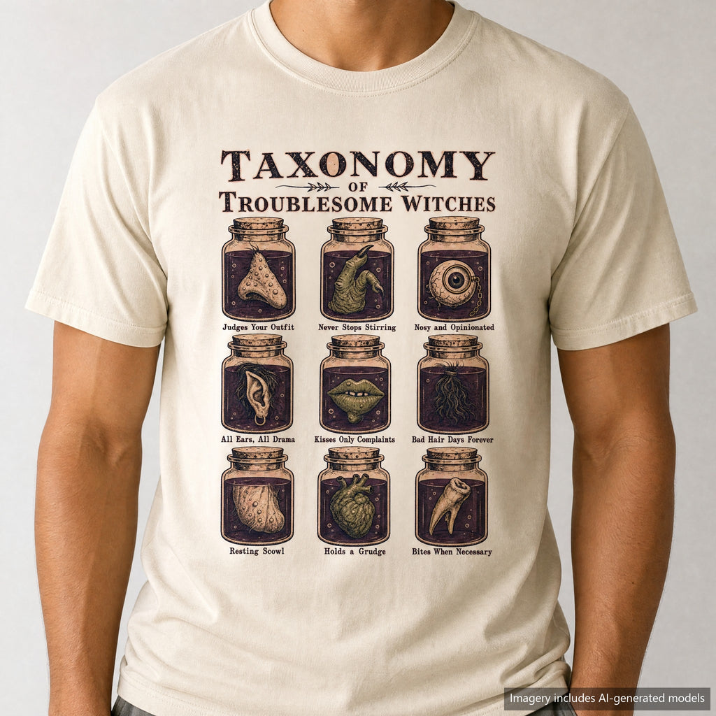 Taxonomy of Troublesome Witches T-shirt, laid flat