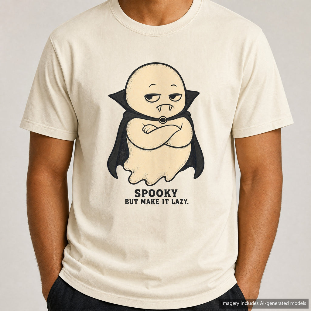 Spooky But Make It Lazy Chubby Vampire Ghost T-shirt, laid flat