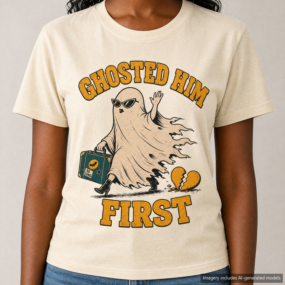 Ghosted Him First T-shirt, laid flat