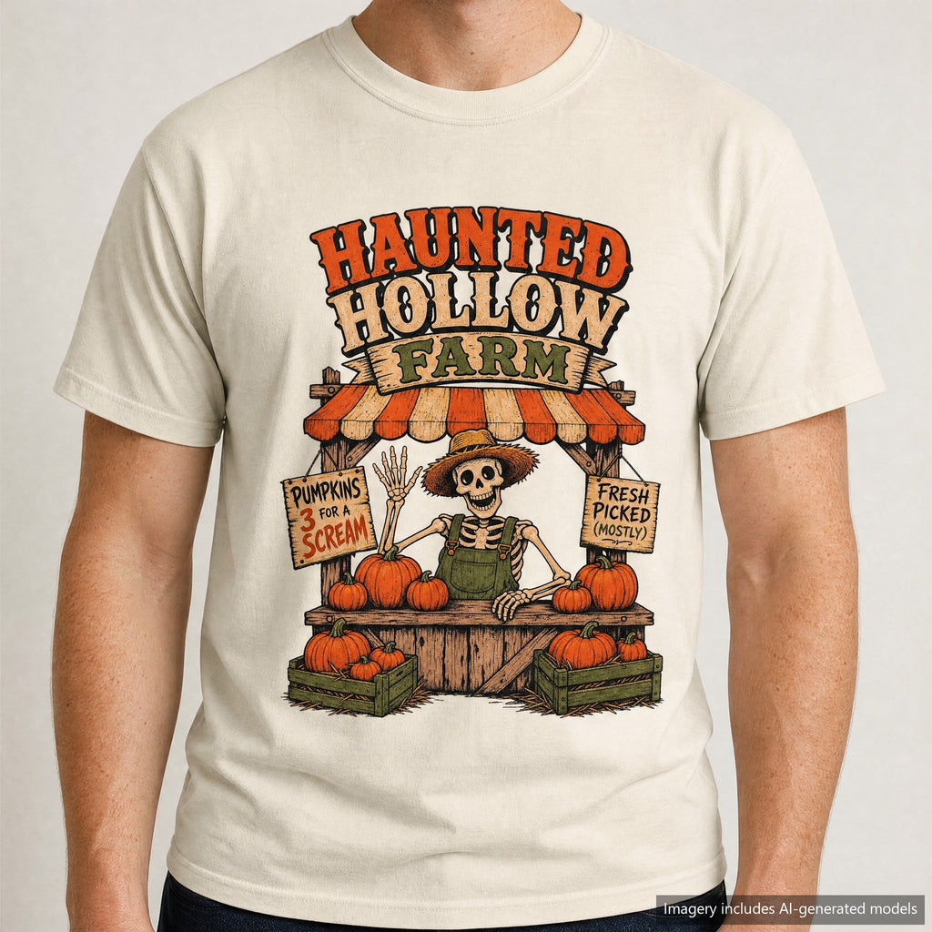 Skeleton Pumpkin Farmstand T-shirt, laid flat