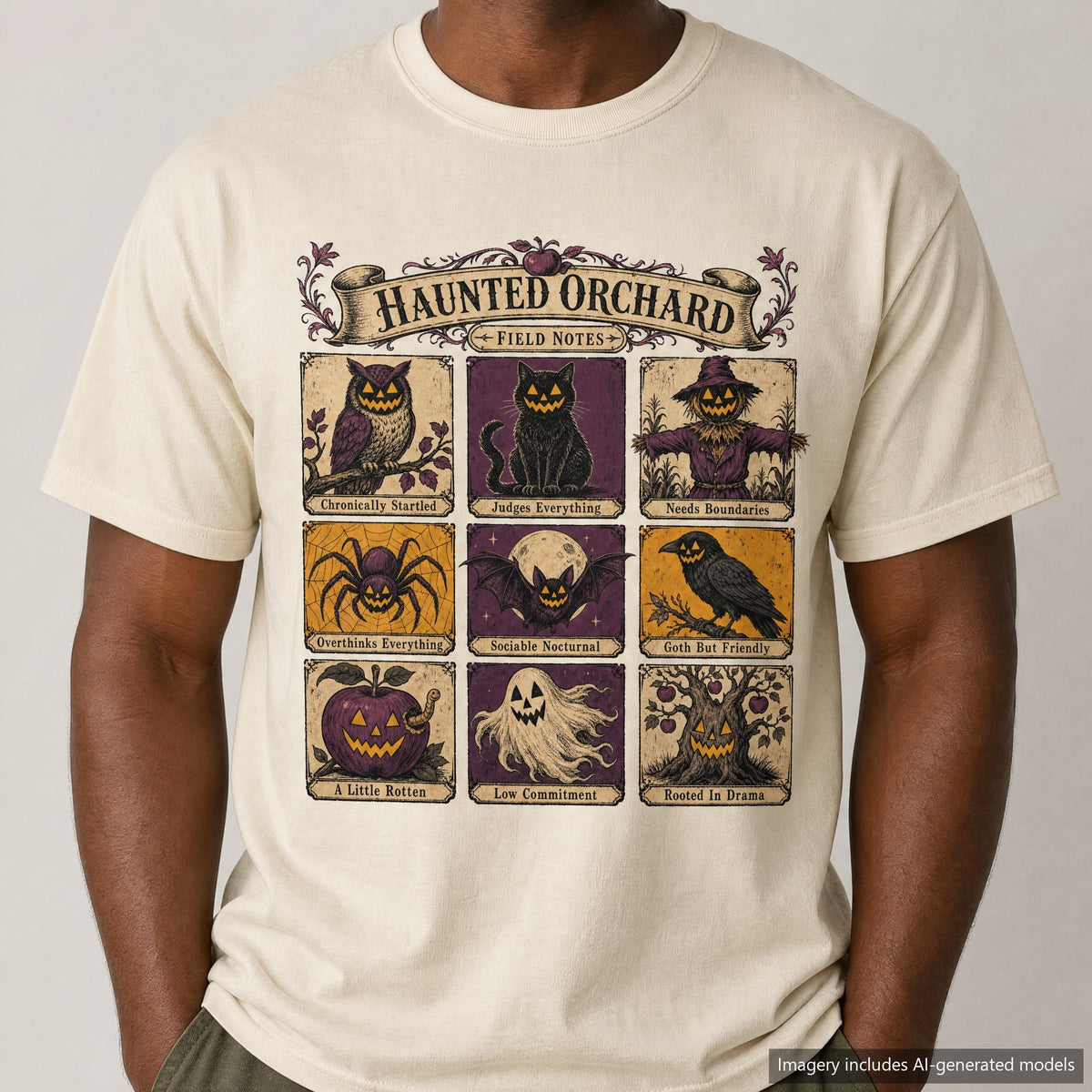 Haunted Orchard Field Notes T-shirt, laid flat