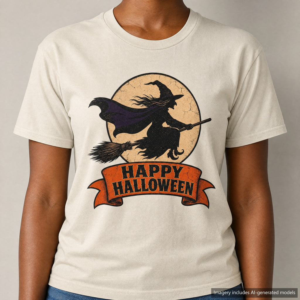 Happy Halloween Witch Silhouette T-shirt, laid flat