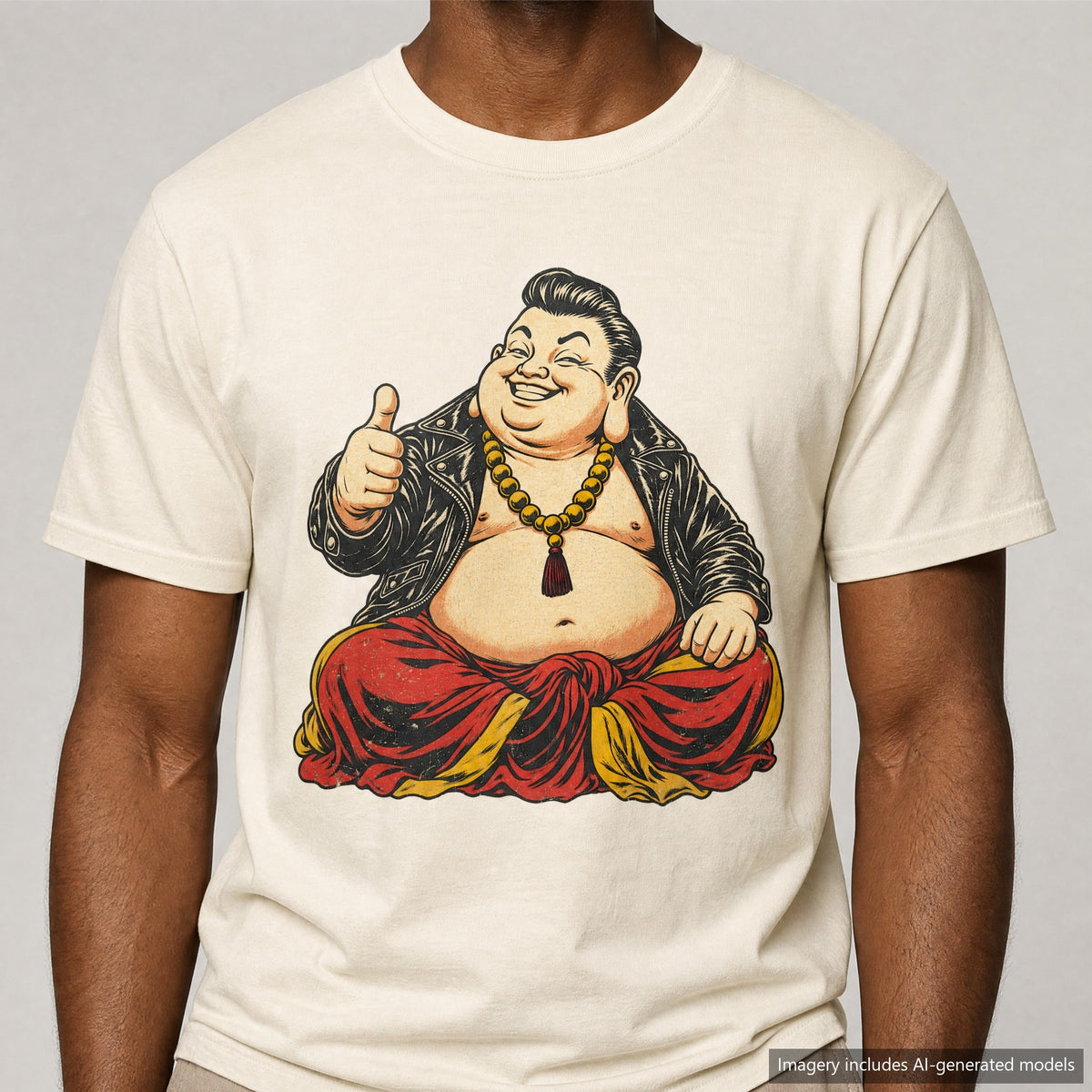 Buddha Leather Jacket Thumbs Up T-shirt, laid flat