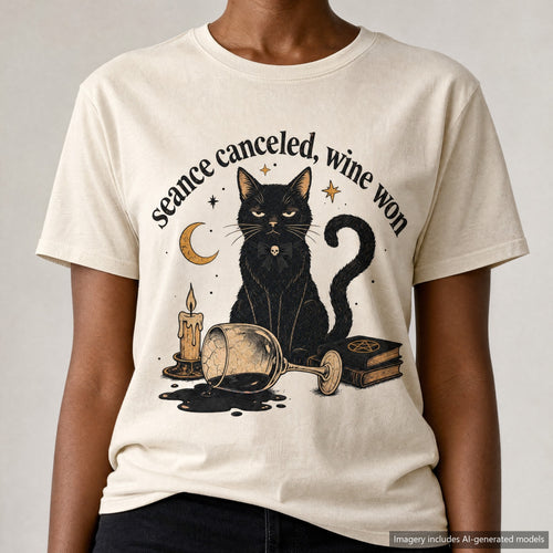 Seance Canceled Wine Won Black Cat T-shirt, laid flat
