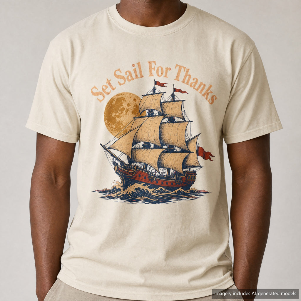 Set Sail For Thanks T-shirt, laid flat