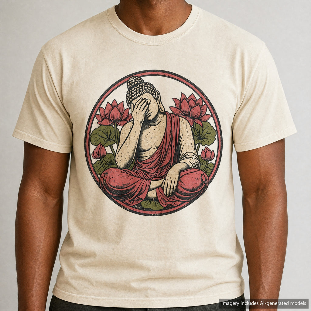 Facepalm Buddha T-shirt, laid flat