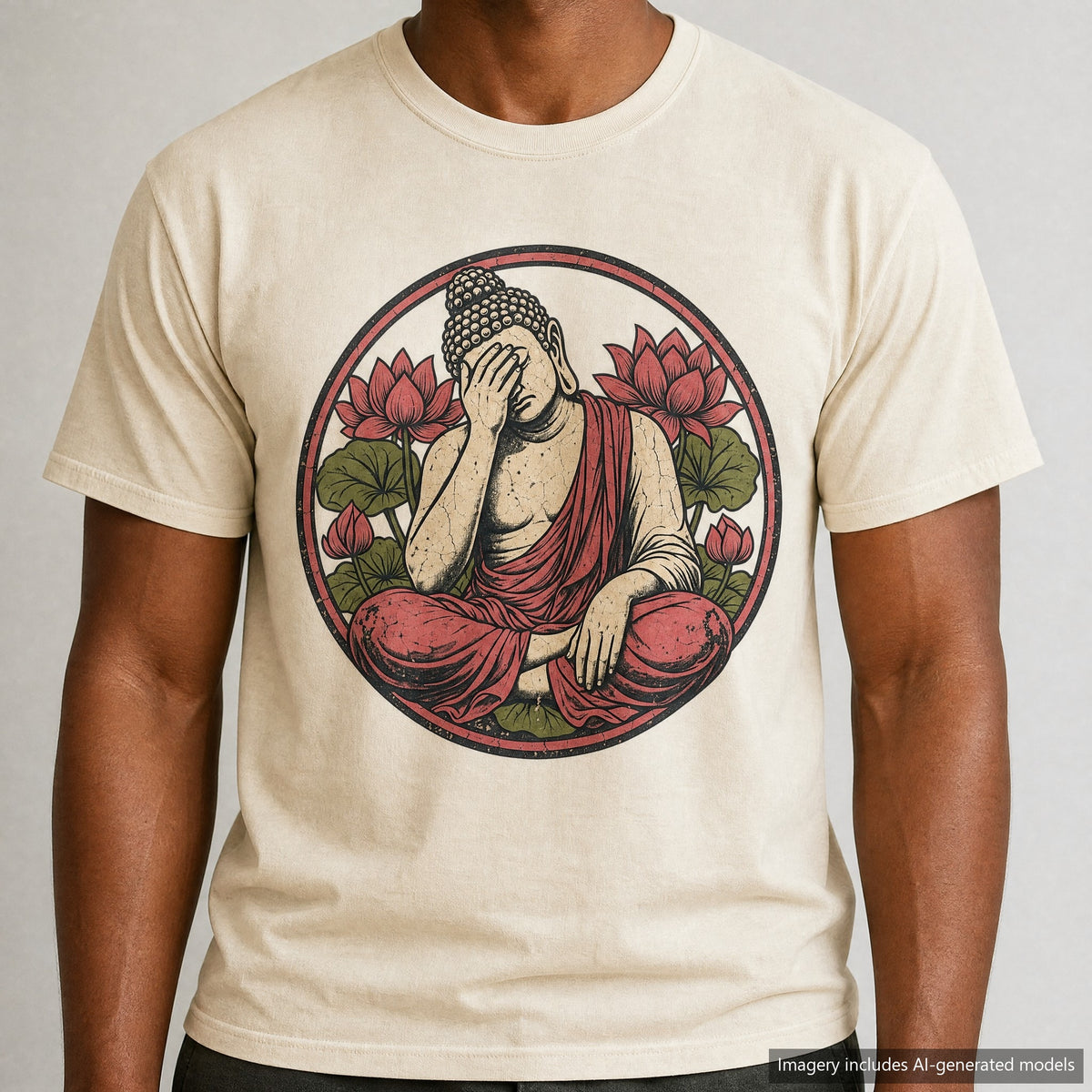 Facepalm Buddha T-shirt, laid flat