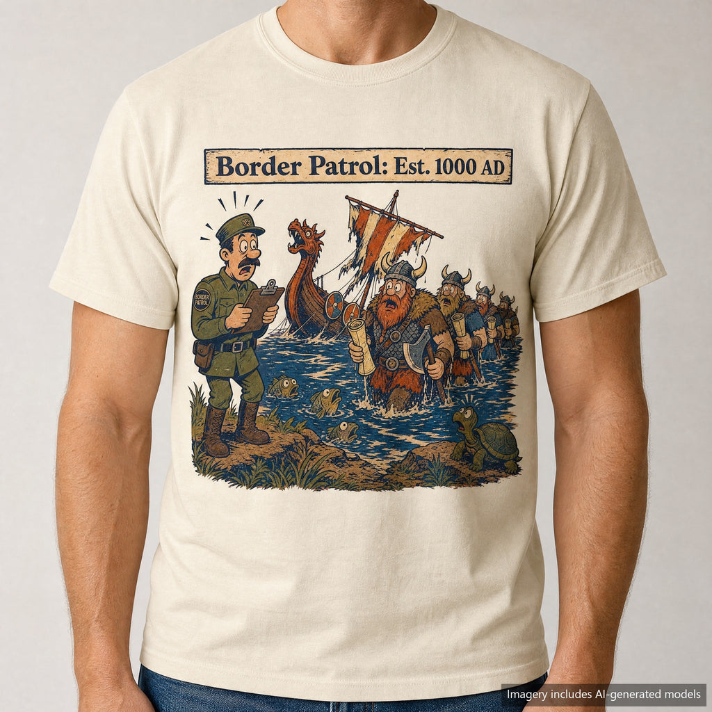 Border Patrol Est 1000 AD T-shirt, laid flat