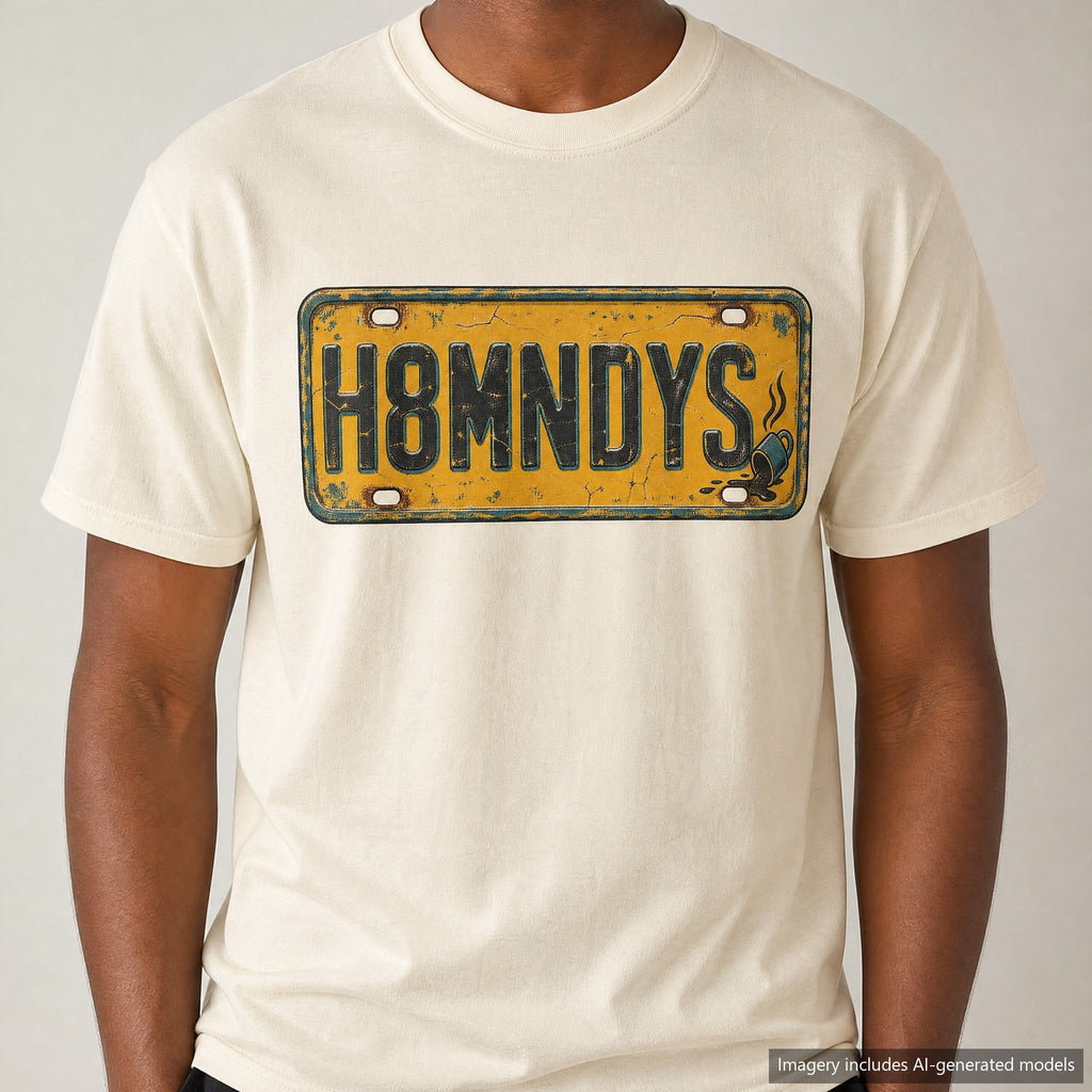 Hate Mondays License Plate T-shirt, laid flat