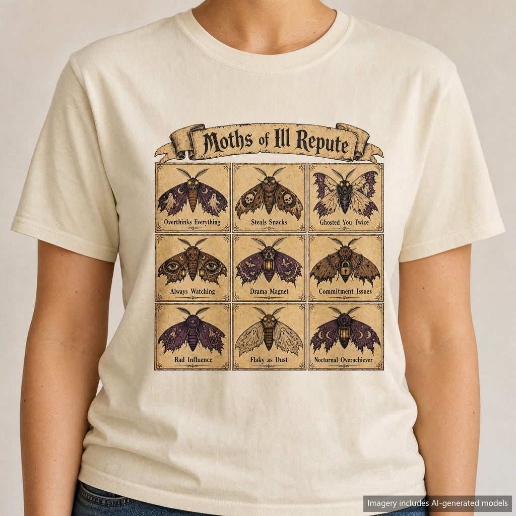 Moths of Ill Repute T-shirt, laid flat