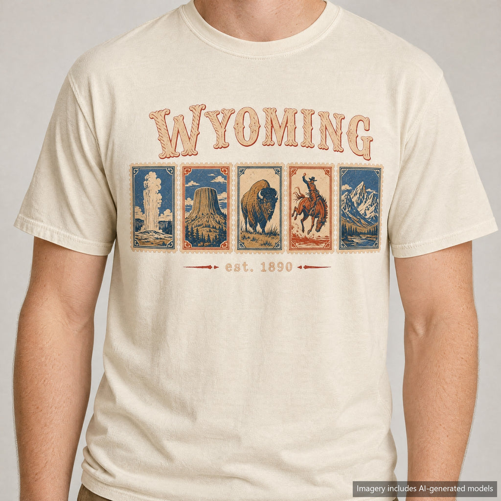 Wyoming Postage Stamp T-shirt, laid flat