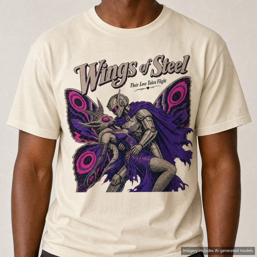 Wings of Steel Romance Novel Parody T-shirt, laid flat