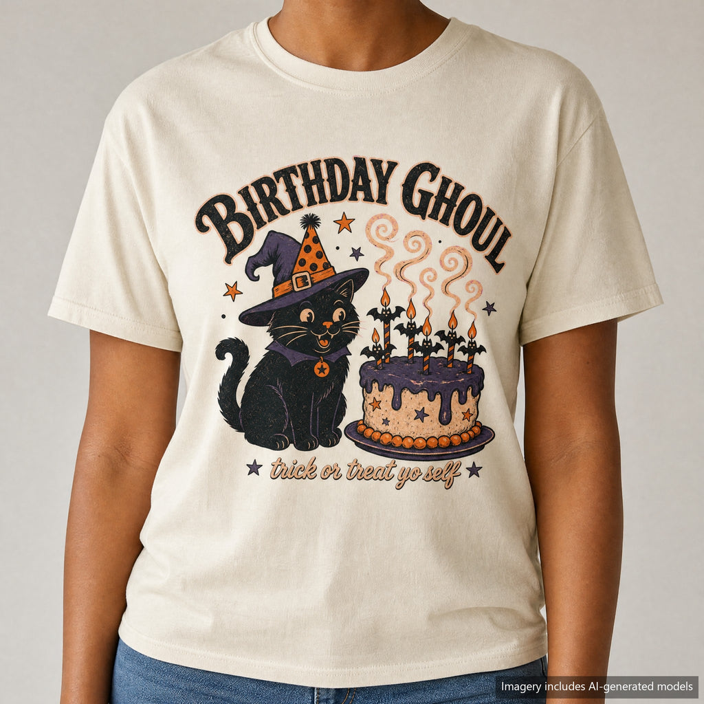 Birthday Ghoul T-shirt, laid flat