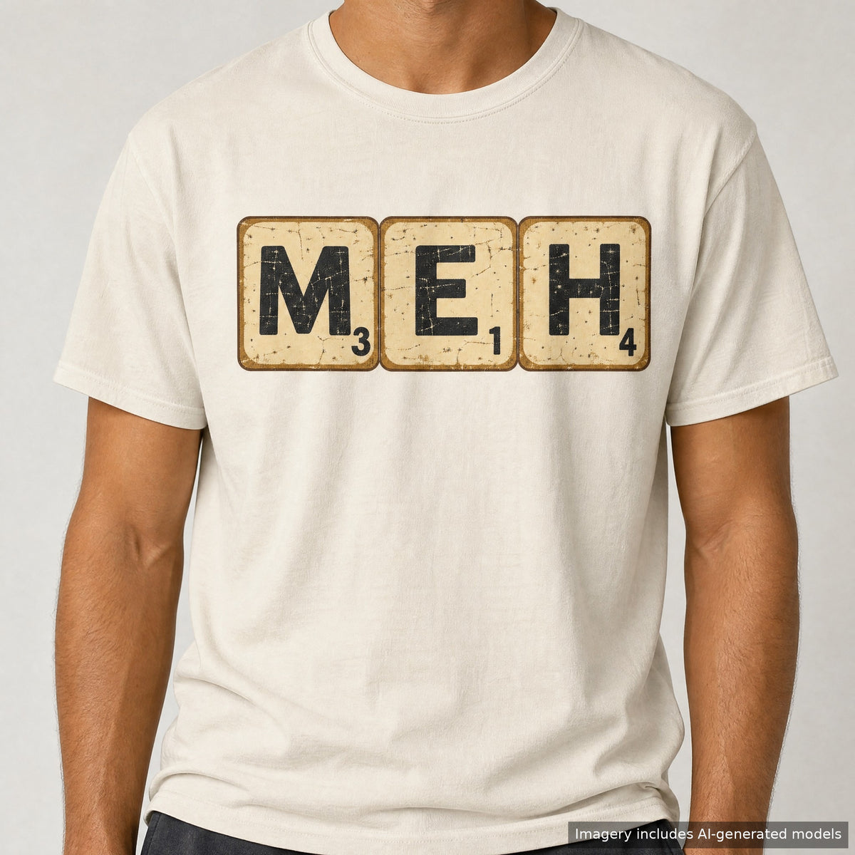 MEH Scrabble Tiles T-shirt, laid flat