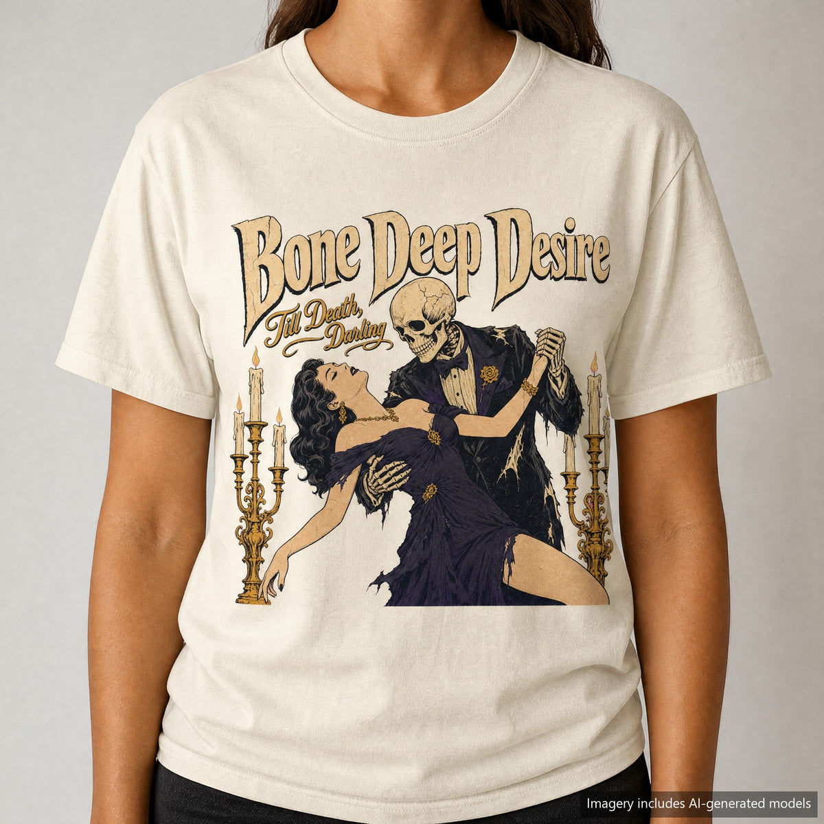 Bone Deep Desire Skeleton Romance Novel T-shirt, laid flat