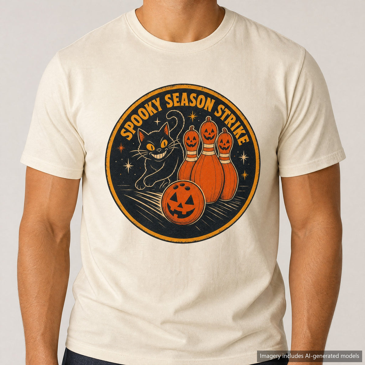Spooky Season Strike Black Cat T-shirt, laid flat
