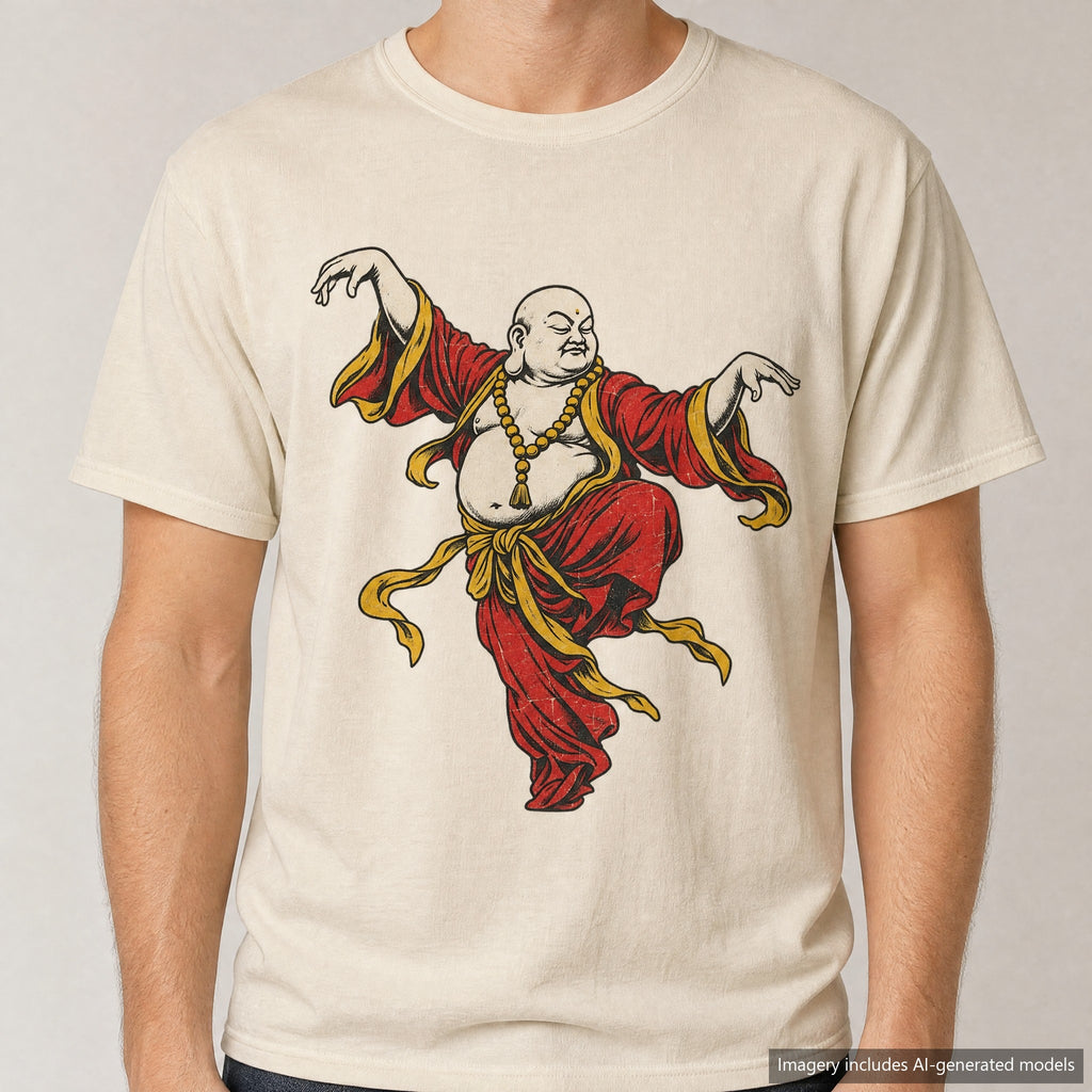 Buddha Crane Kick T-shirt, laid flat