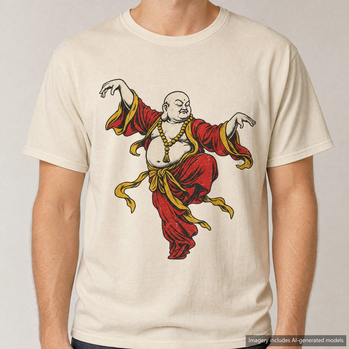 Buddha Crane Kick T-shirt, laid flat