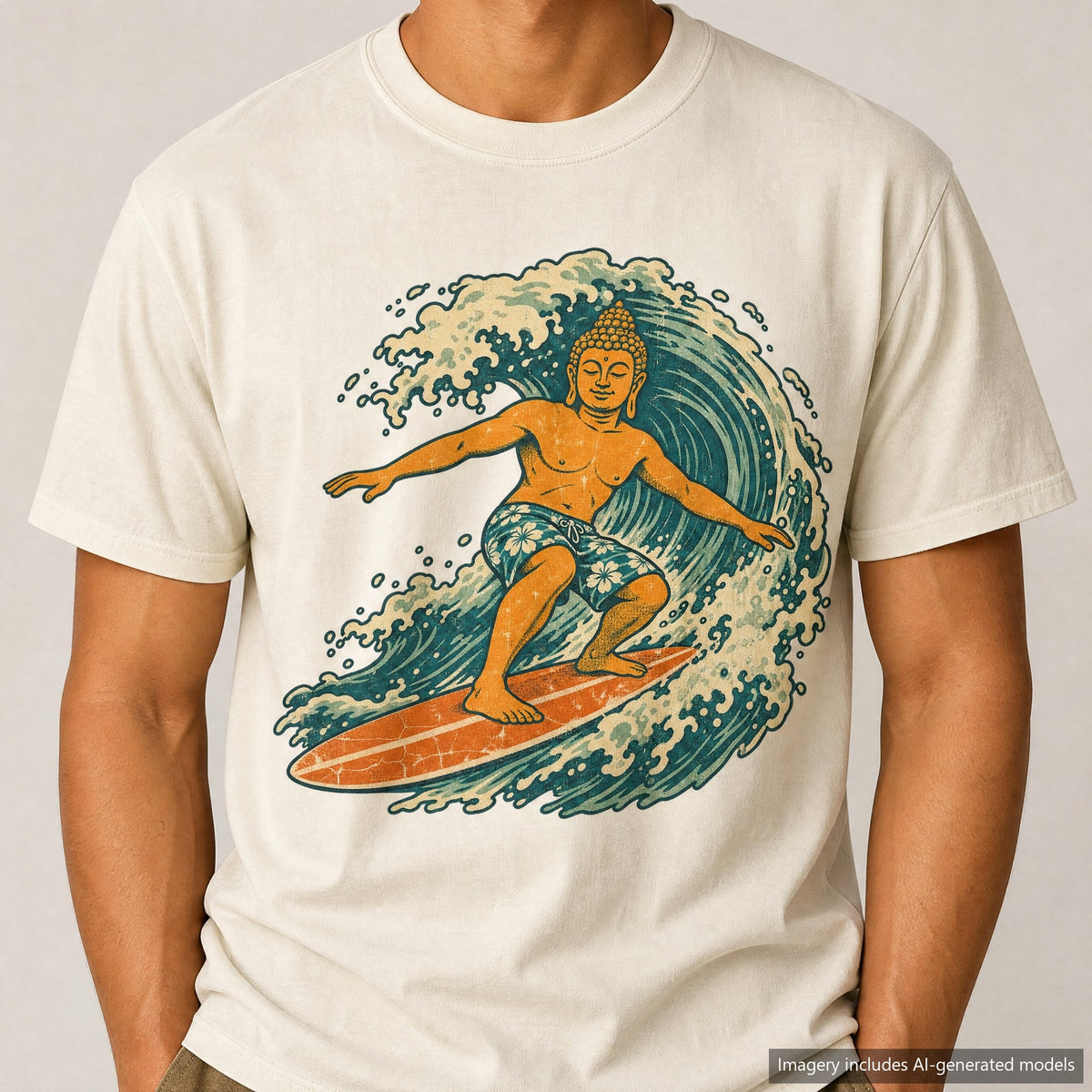 Surfing Buddha T-shirt, laid flat