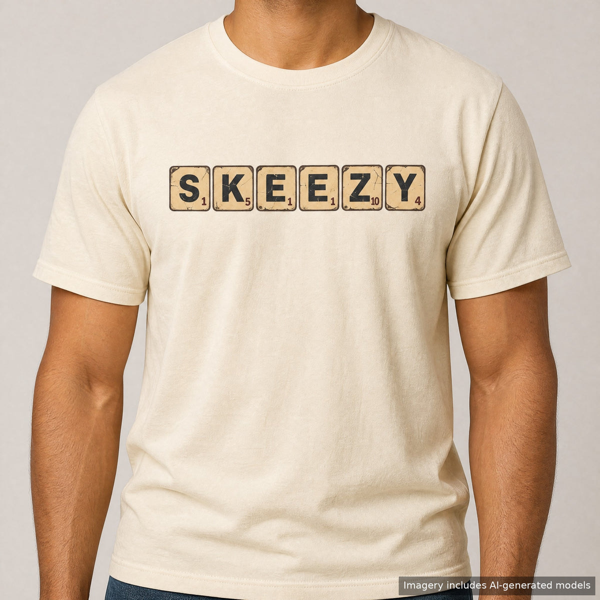 Skeezy Scrabble Tiles T-shirt, laid flat