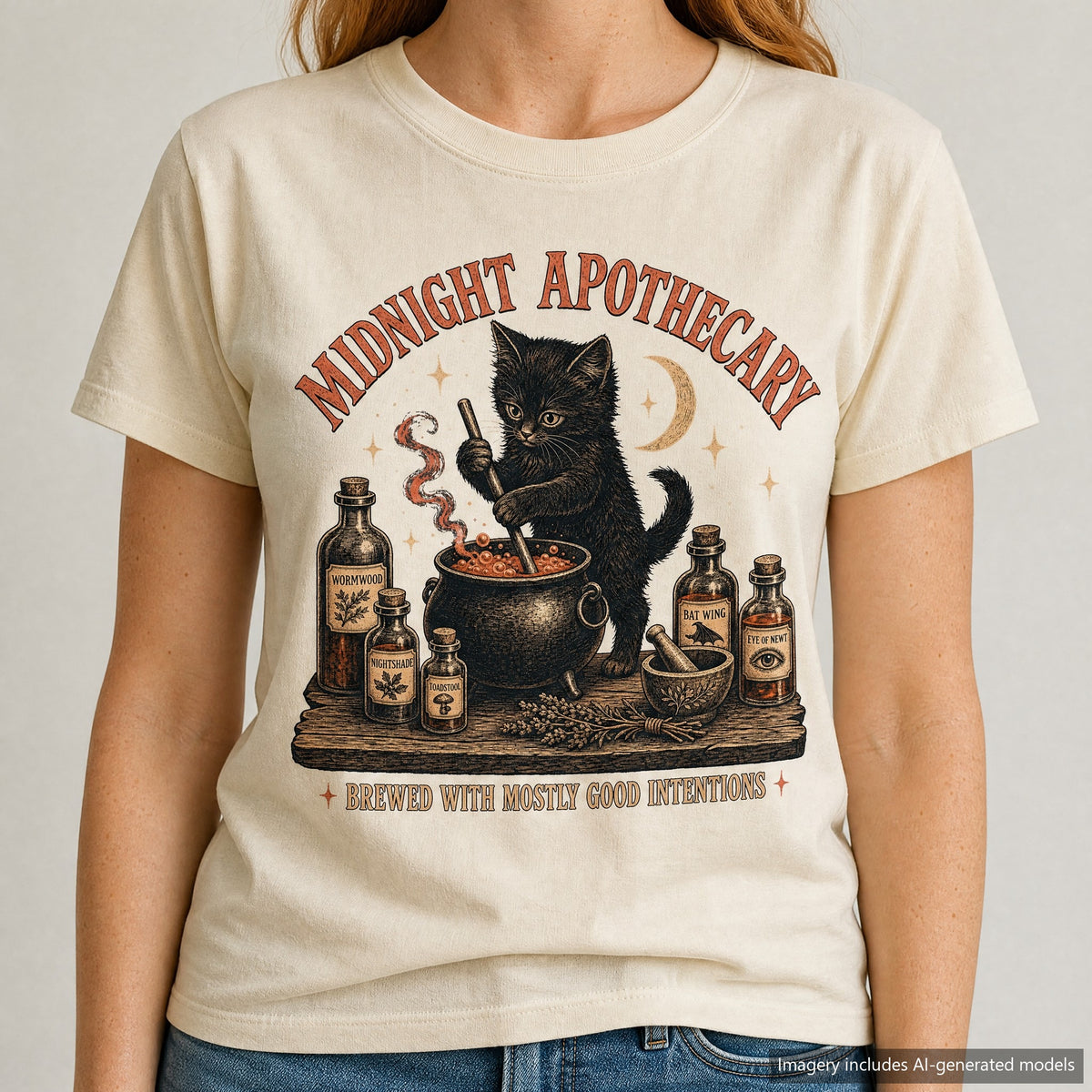 Black Cat Apothecary T-shirt, laid flat