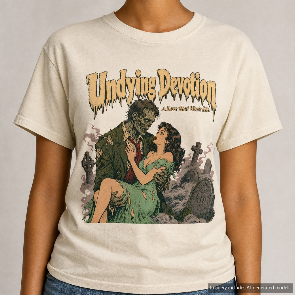 Undying Devotion Zombie Romance Novel T-shirt, laid flat