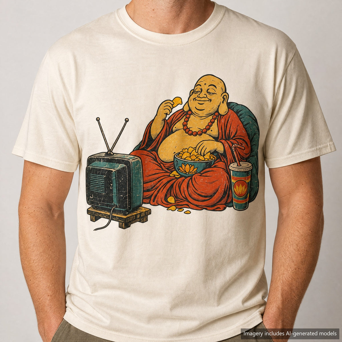 Couch Potato Buddha T-shirt, laid flat