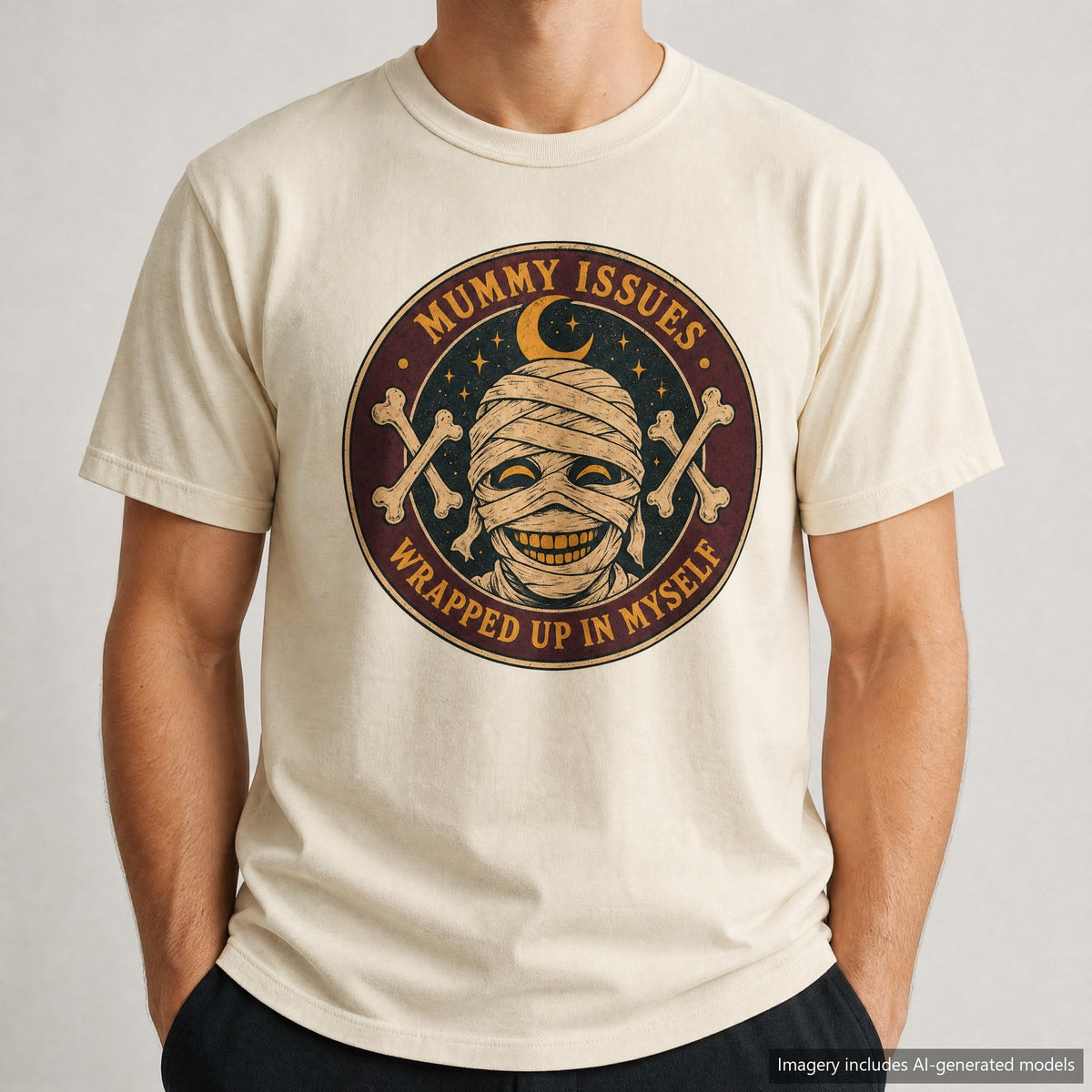 Mummy Issues Wrapped Up In Myself T-shirt, laid flat