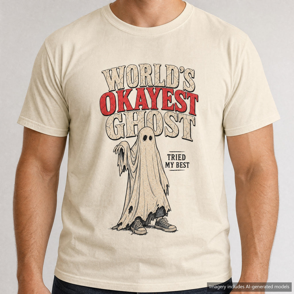 World's Okayest Ghost T-shirt, laid flat