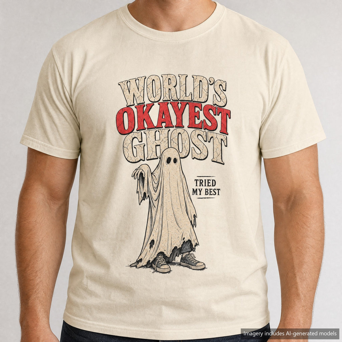 World's Okayest Ghost T-shirt, laid flat