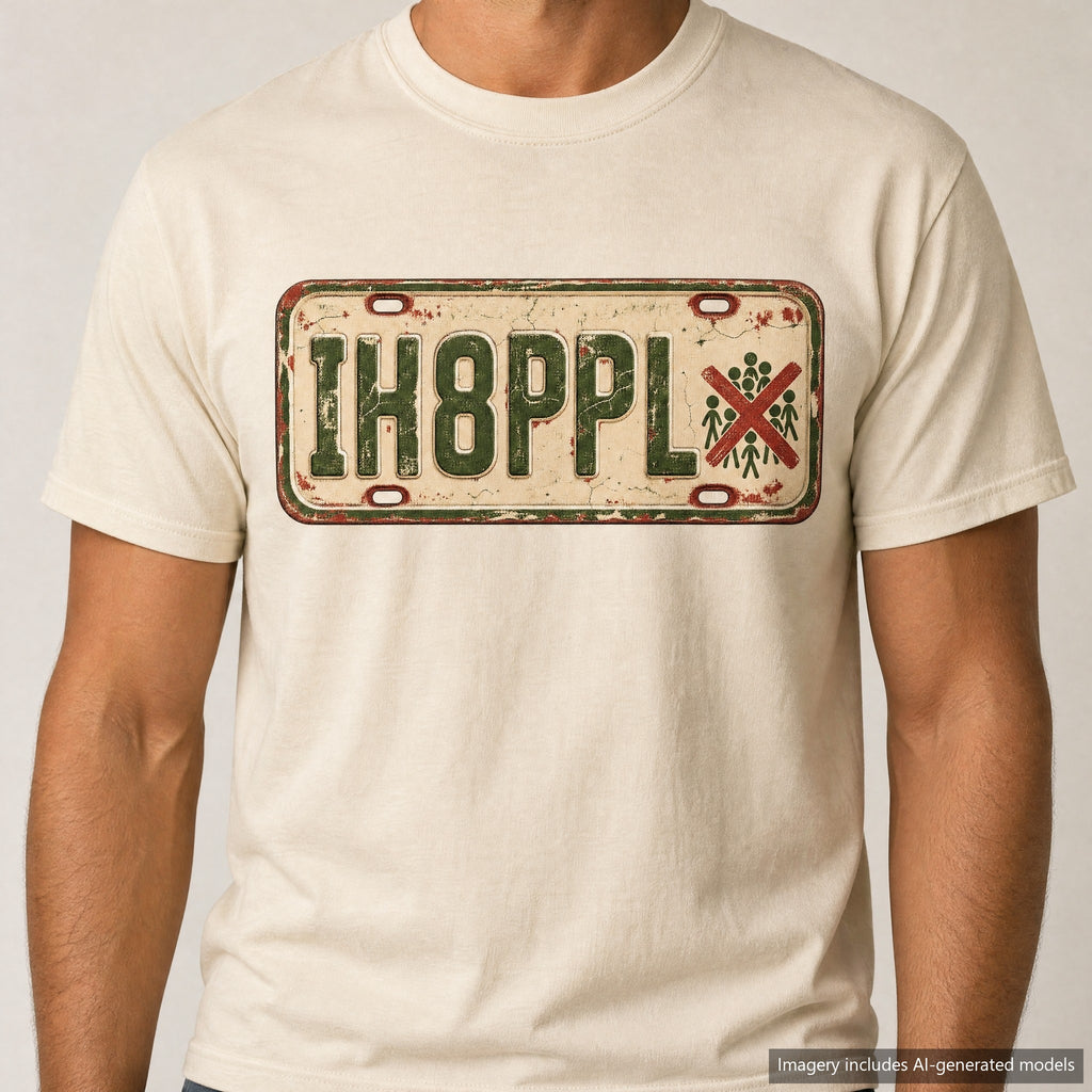 IH8PPL License Plate T-shirt, laid flat