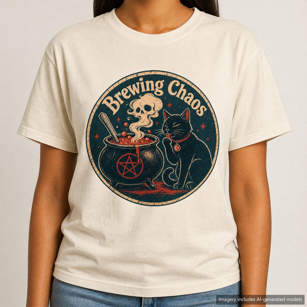 Brewing Chaos T-shirt, laid flat