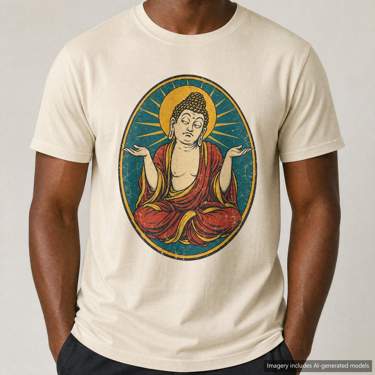 Buddha Shrug T-shirt, laid flat