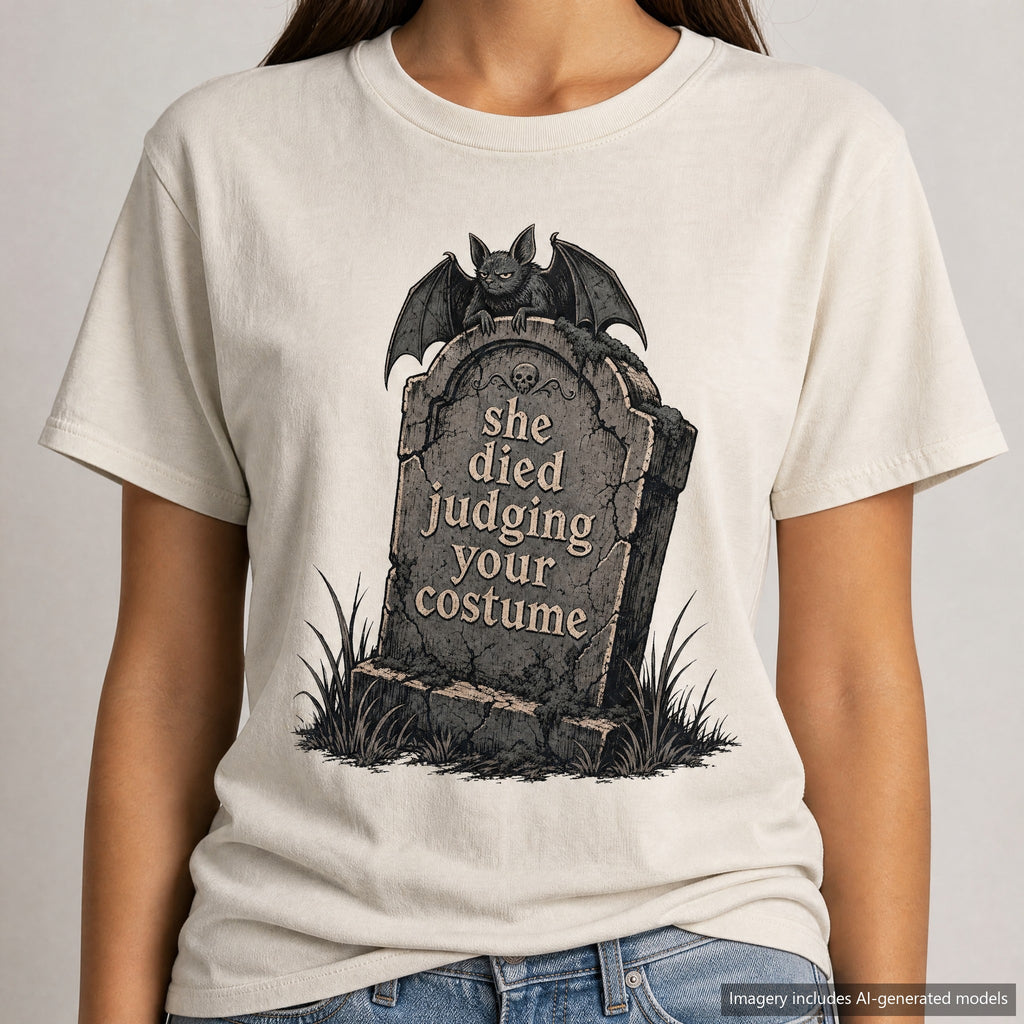 She Died Judging Your Costume T-shirt, laid flat