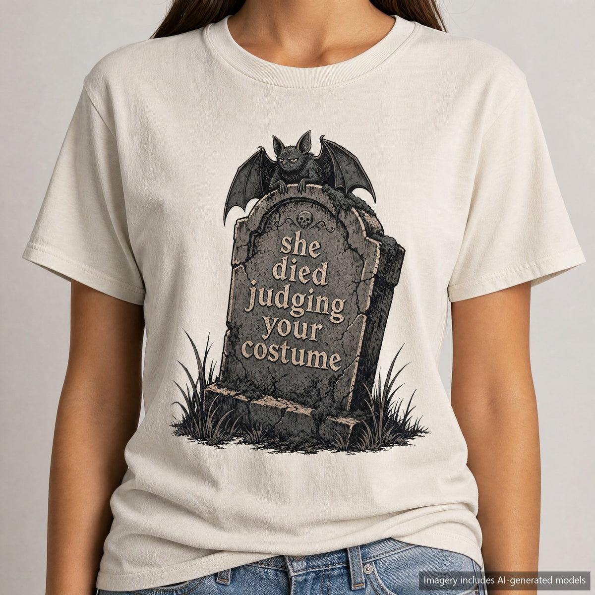 She Died Judging Your Costume T-shirt, laid flat