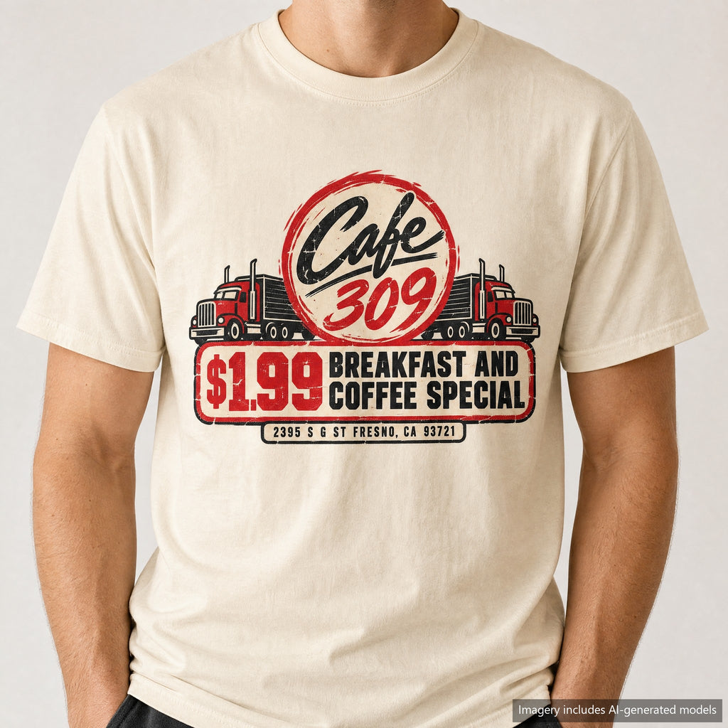 Cafe 309 T-shirt, laid flat