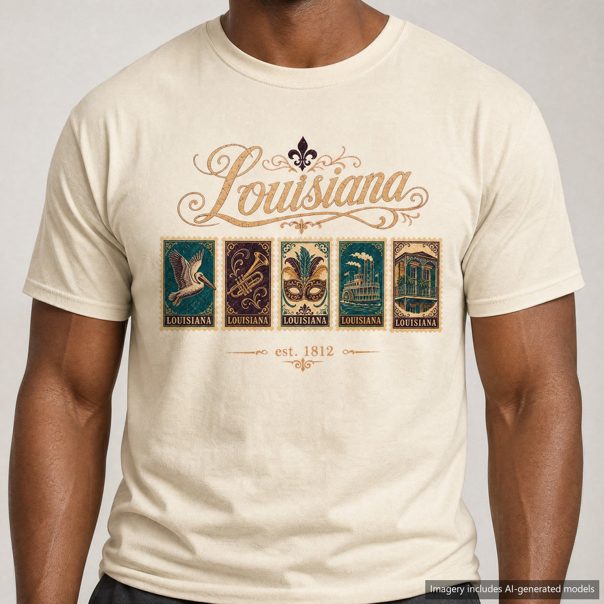 Louisiana Postage Stamp T-shirt, laid flat