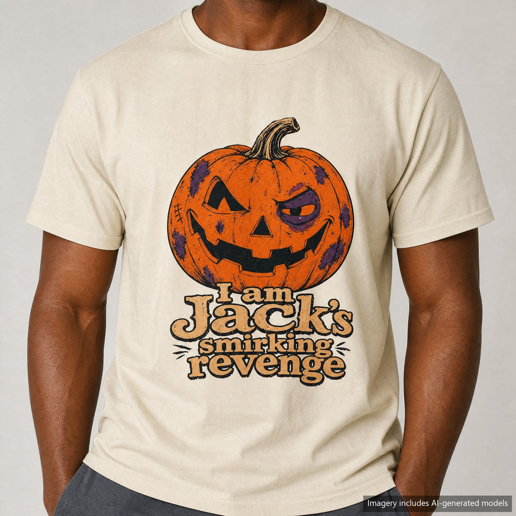 I Am Jack's Smirking Revenge Jack-o-Lantern T-shirt, laid flat