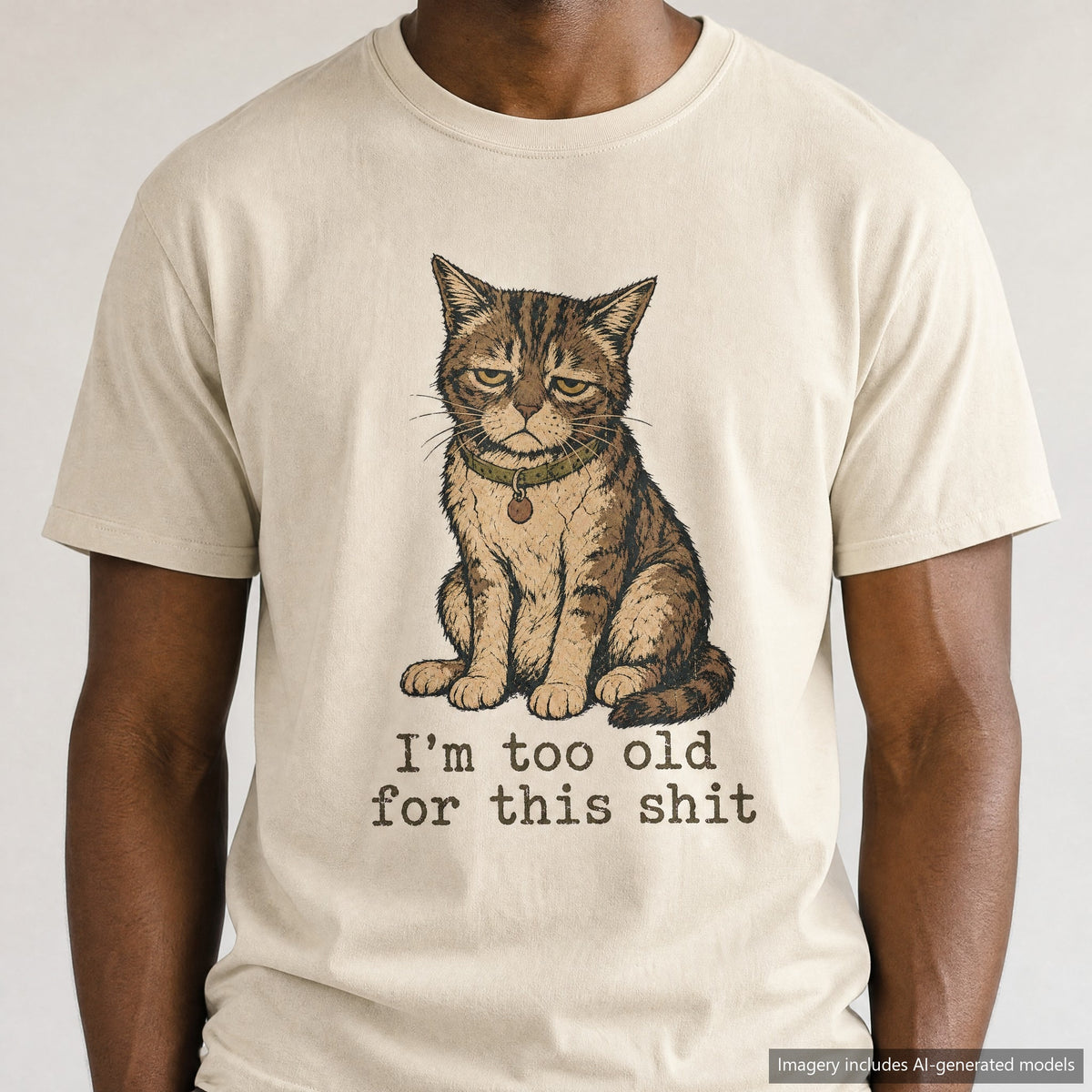 I'm Too Old For This Shit Cat T-shirt, laid flat