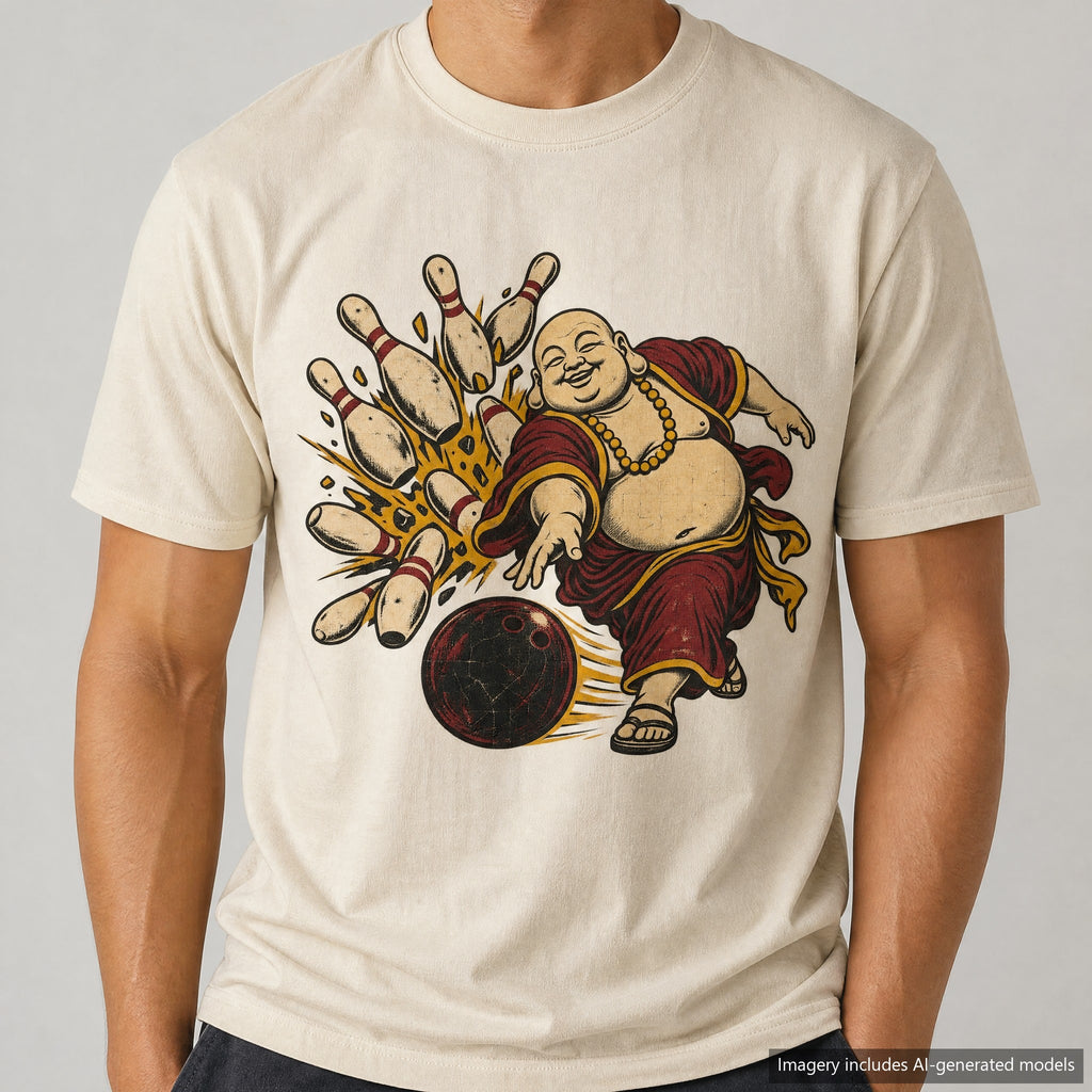 Bowling Buddha T-shirt, laid flat