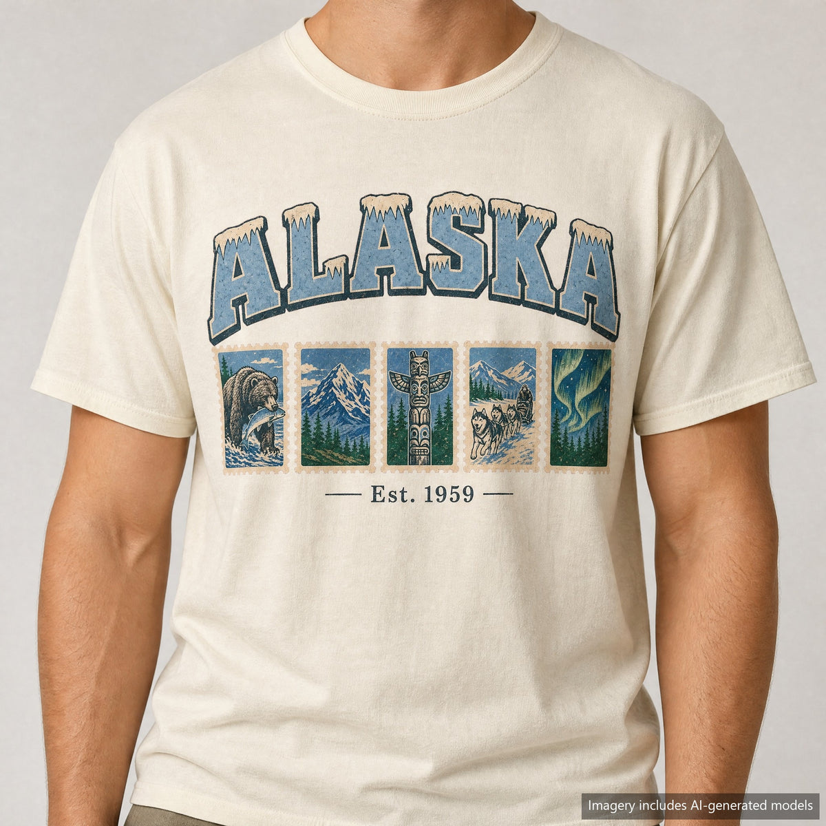 Alaska Postage Stamp T-shirt, laid flat