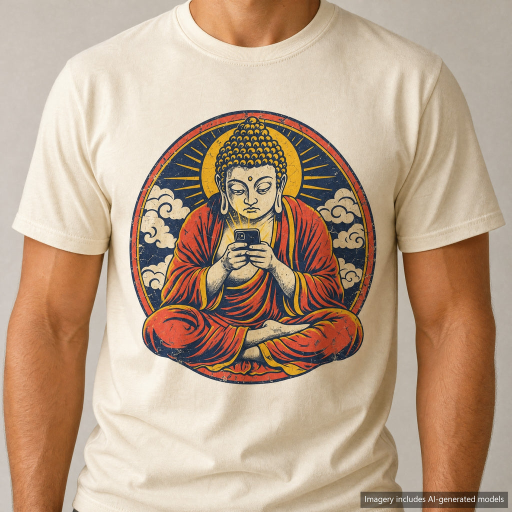 Doomscrolling Buddha T-shirt, laid flat