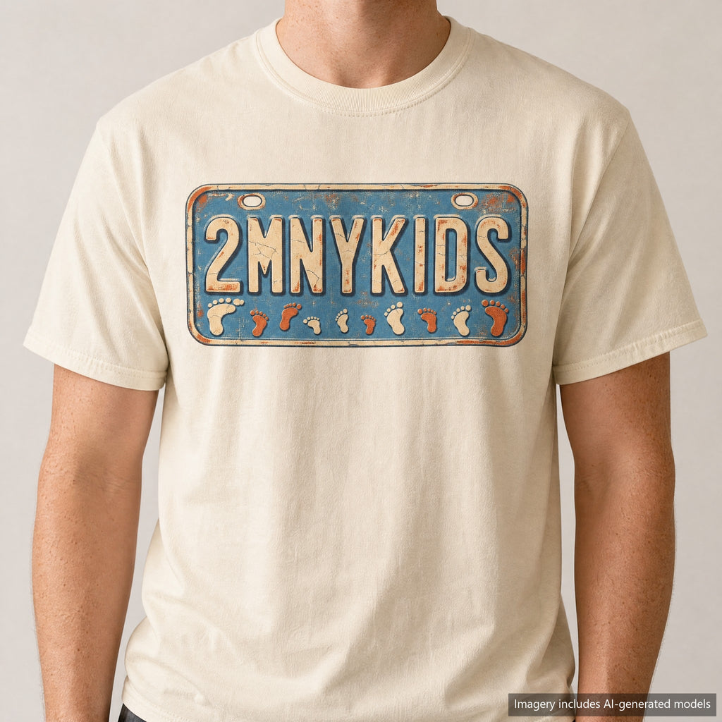 Too Many Kids License Plate T-shirt, laid flat