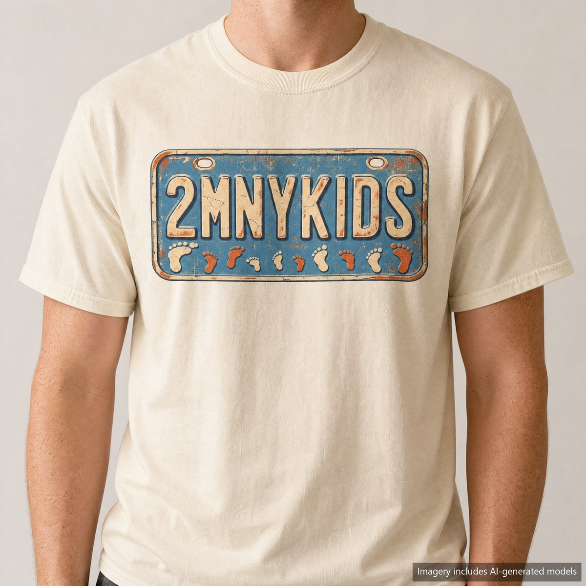 Too Many Kids License Plate T-shirt, laid flat