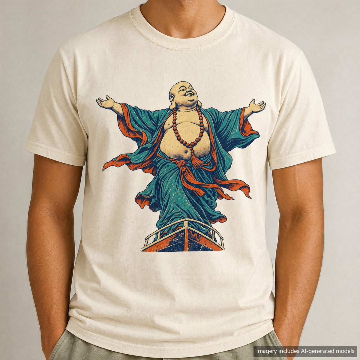 Buddha Titanic Pose T-shirt, laid flat