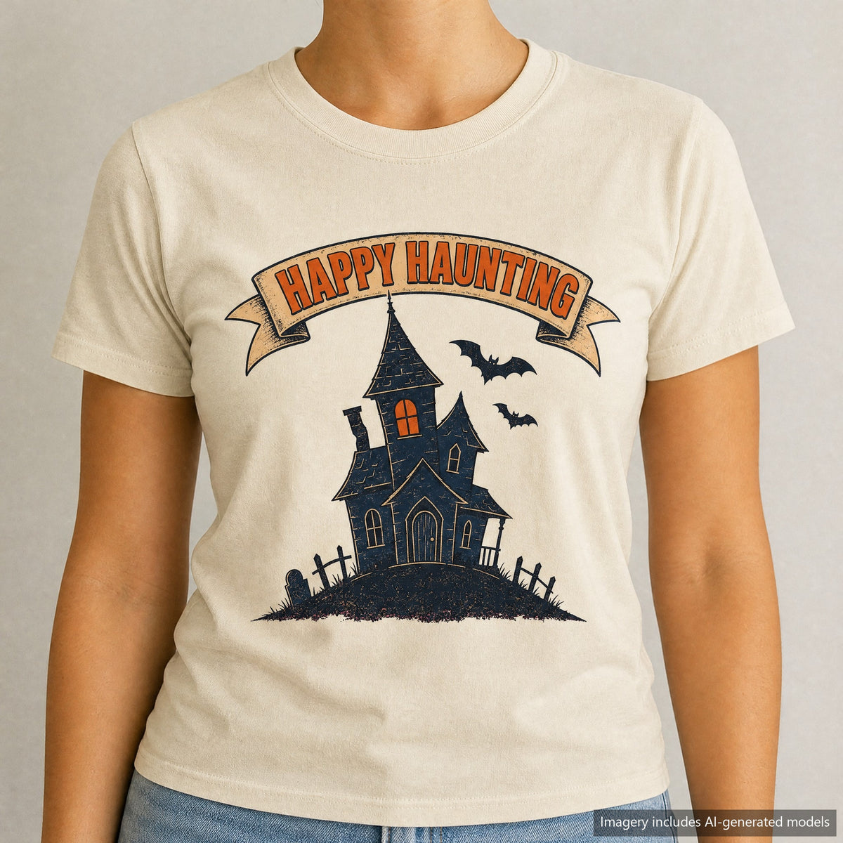 Happy Haunting Haunted House T-shirt, laid flat