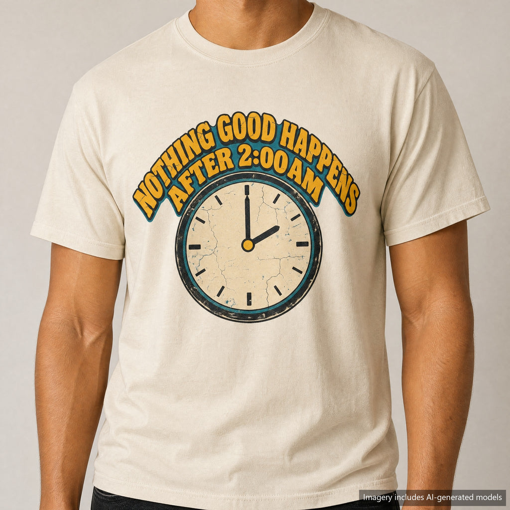 Nothing Good Happens After 2am T-shirt, laid flat