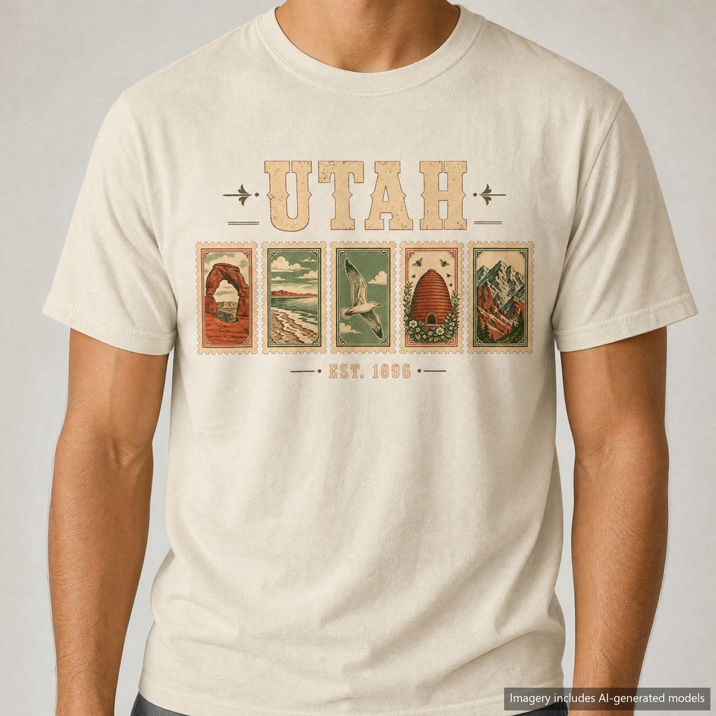 Utah Postage Stamp T-shirt, laid flat
