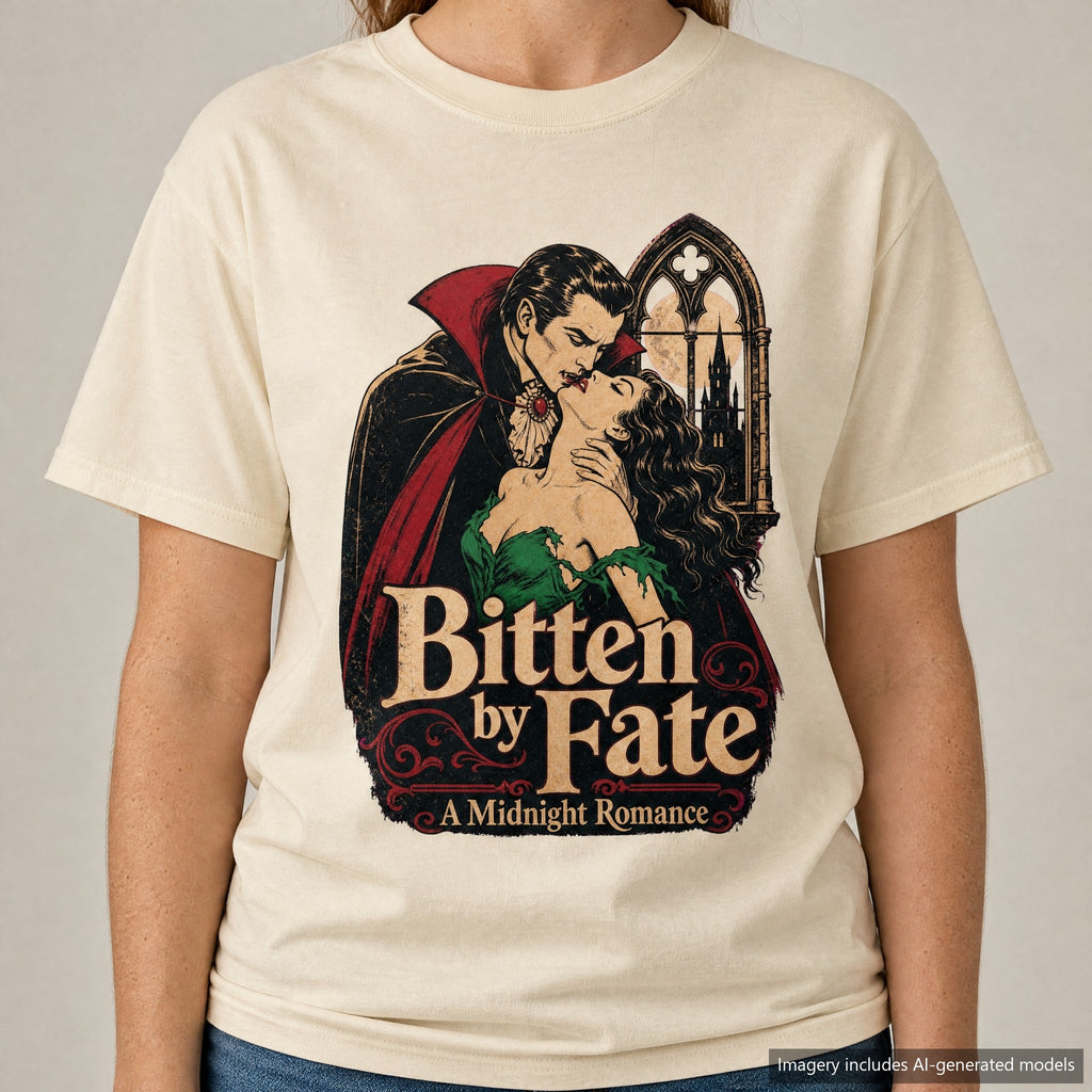 Bitten by Fate Vampire Romance Novel T-shirt, laid flat