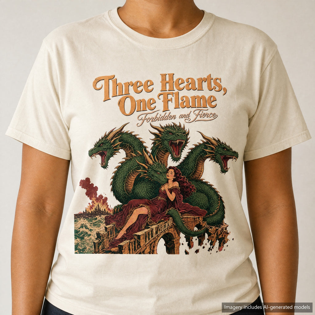 Three Hearts One Flame T-shirt, laid flat